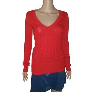 American Eagle XS Red Cable Open Knit V-Neck Sweater LS Fitted Y2K Bella Swan